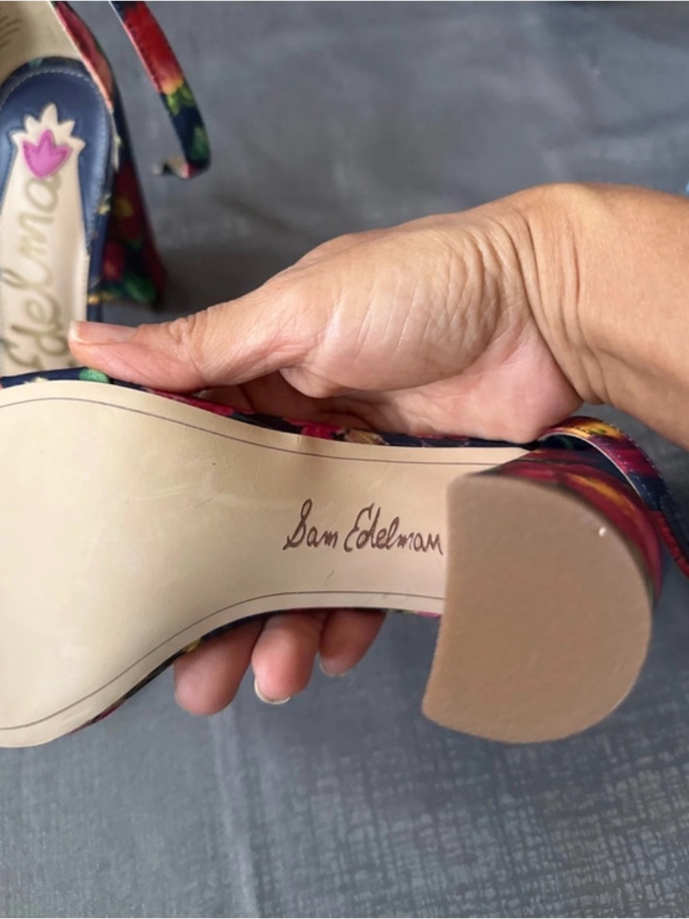 Sam Edelman Navy Floral Open-Toe Ankle-Strap Heels with Pink & Teal Accents - Picture 4 of 6